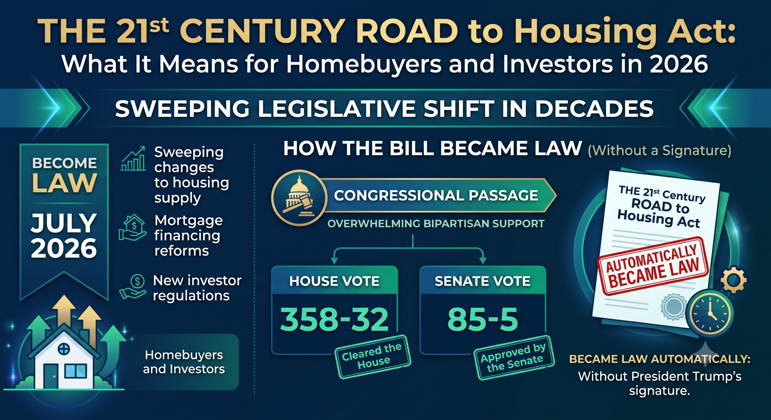 The 21st Century ROAD to Housing Act infographic explaining the new 2026 federal housing law, its impact on first-time homebuyers, real estate investors, mortgage financing, housing supply, bipartisan congressional approval, and the future of the U.S. housing market.