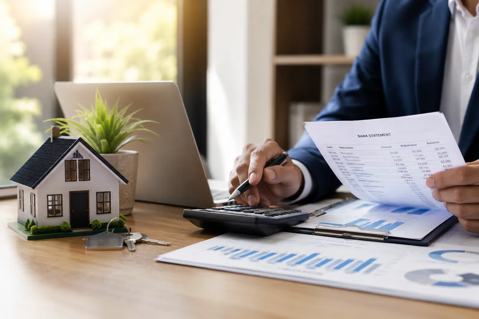Person reviewing a bank statement and calculating home finances beside a house model