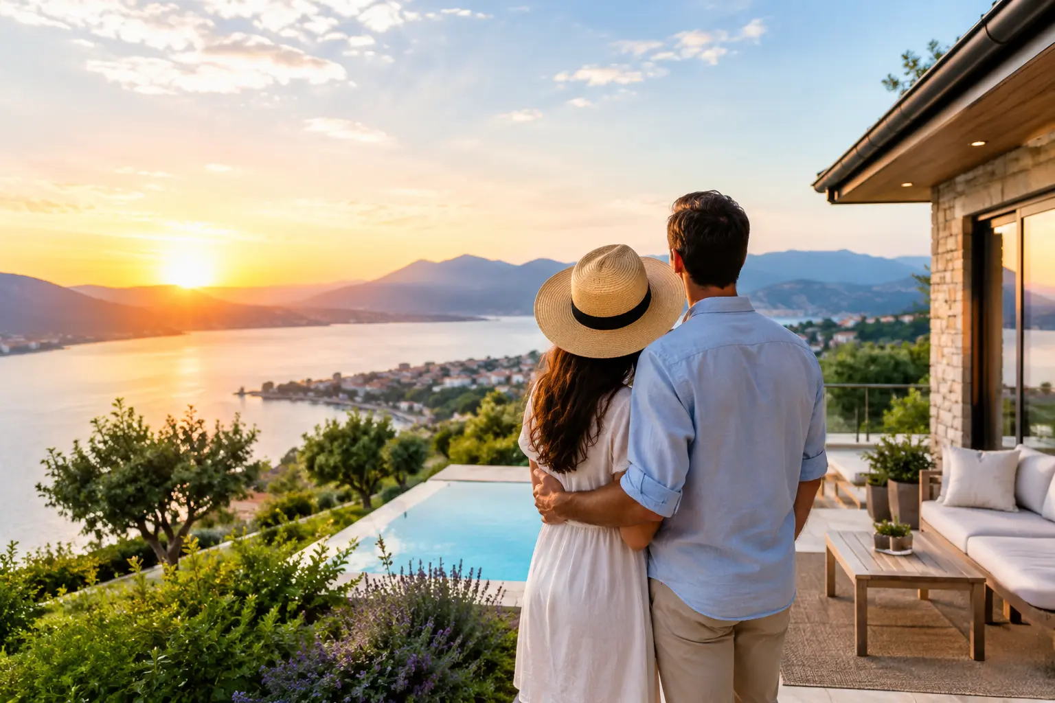 Couple enjoying the view from a coastal second home at sunset
