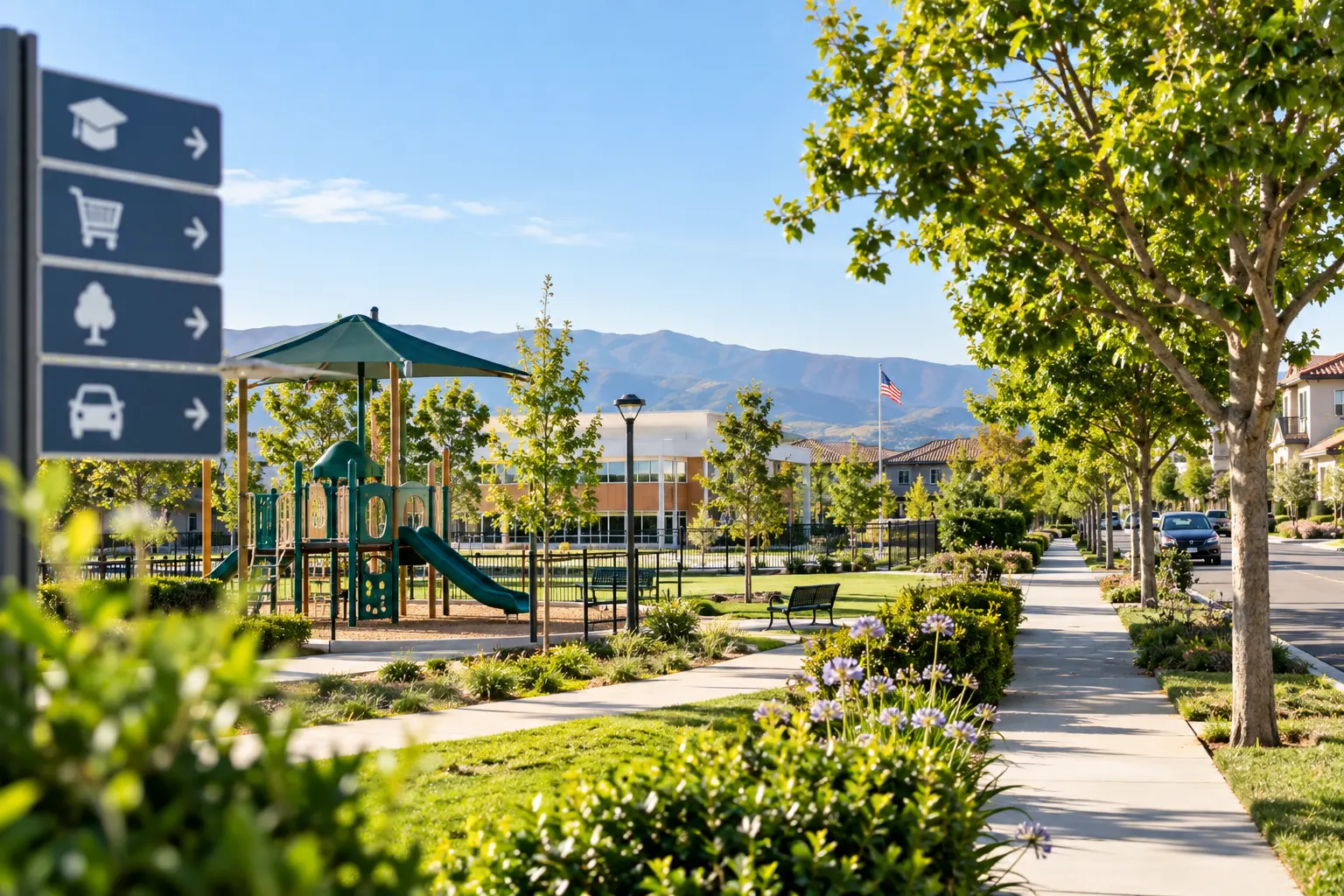 Los Angeles neighborhood with park, schools, sidewalks, and residential homes