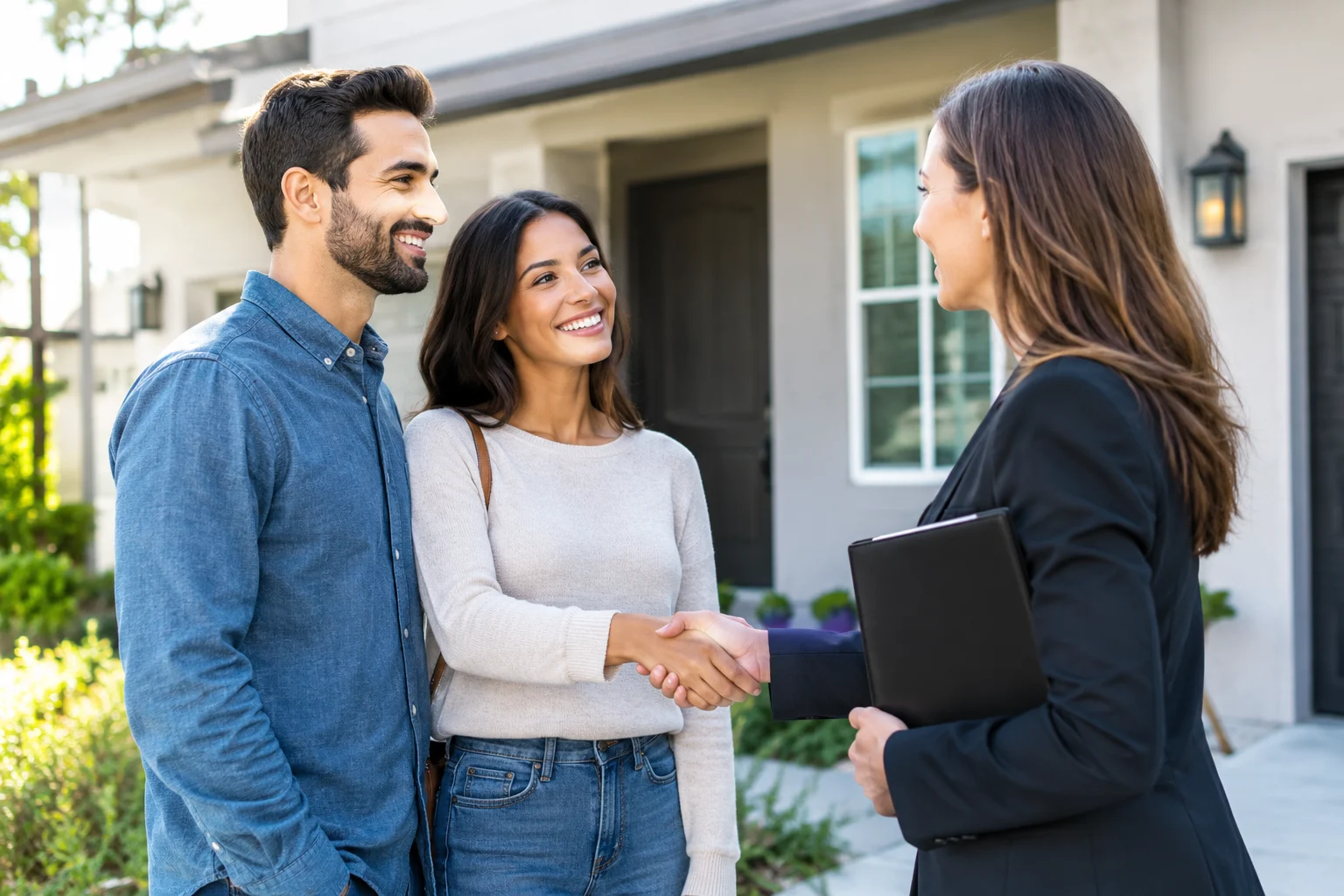 Homebuyers meeting with a real estate agent outside a home before closing
