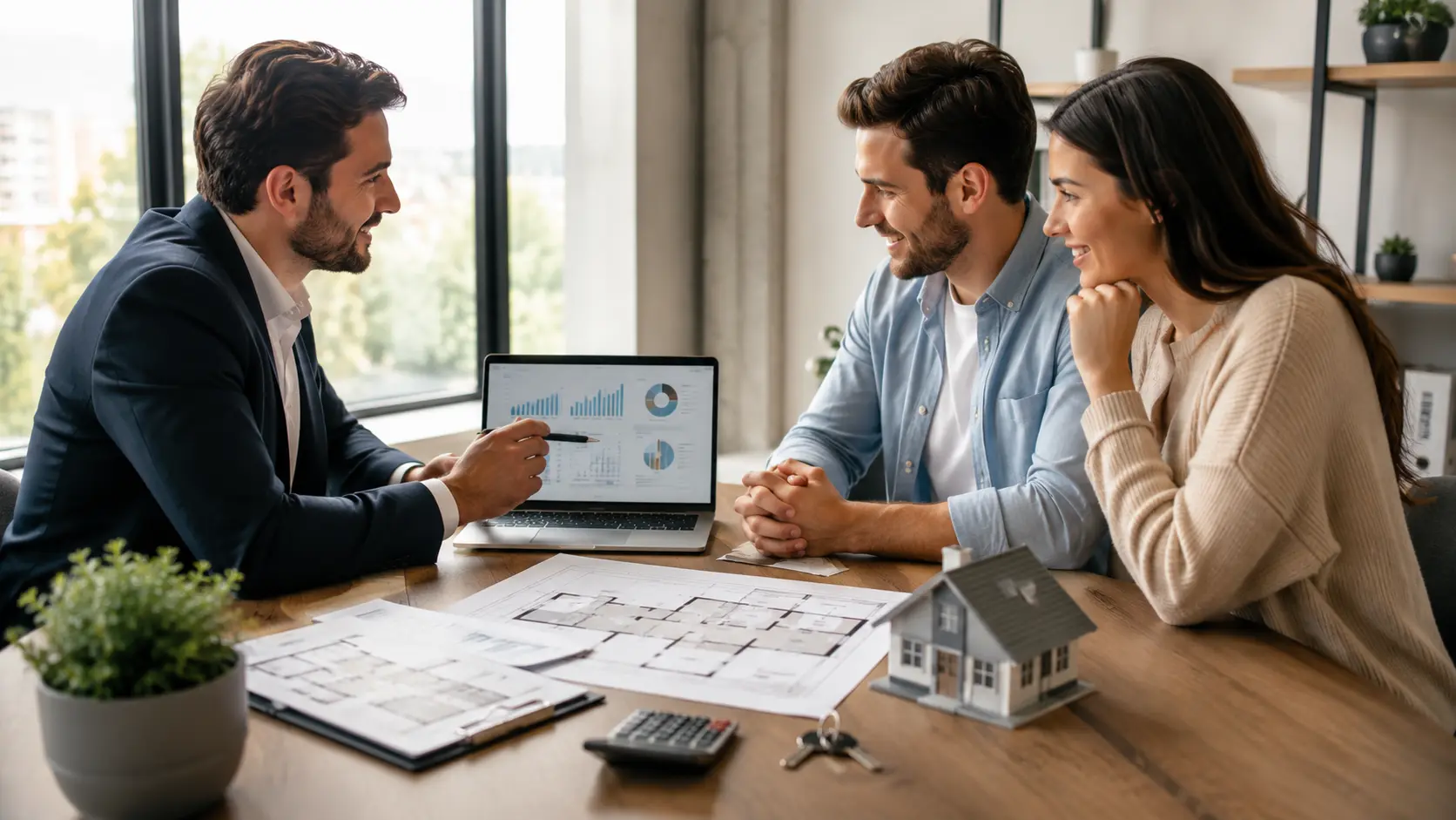 Credit check consultation for home loan approval with a mortgage advisor and homebuyers