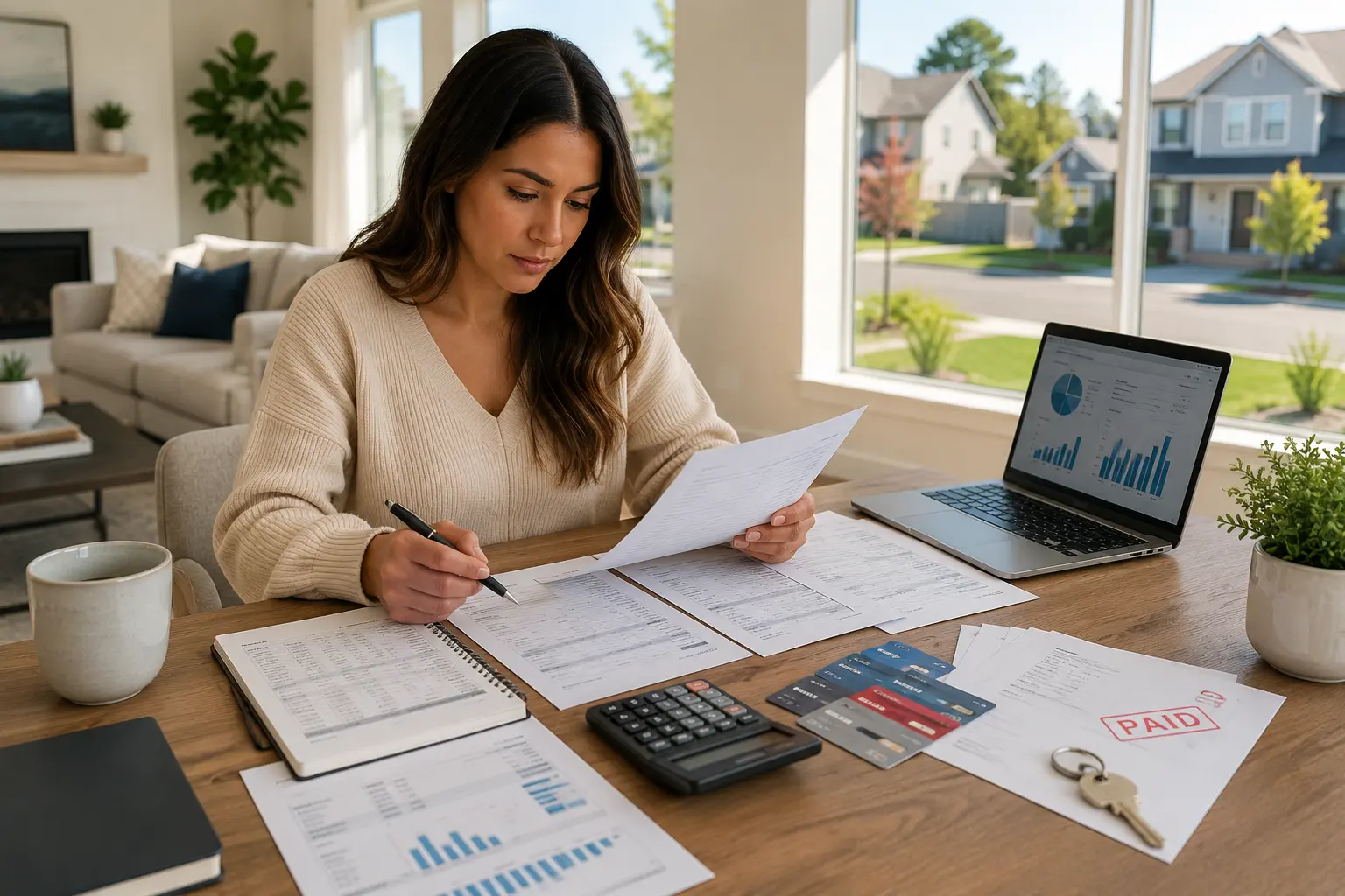 Homeowner reviewing mortgage refinance documents, credit cards, and financial paperwork while planning a debt consolidation refinance in a modern home.