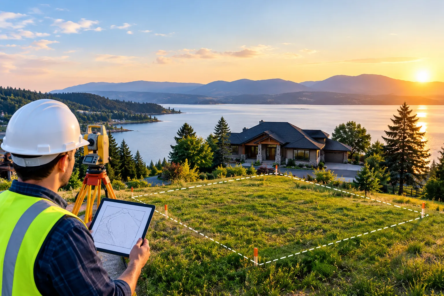 Land surveyor measuring a second home property for potential land subdivision