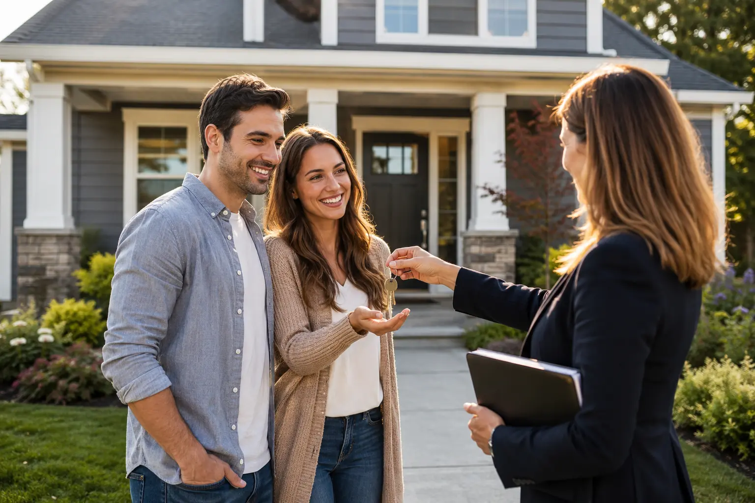 Happy couple receiving keys to their new home through a down payment assistance program