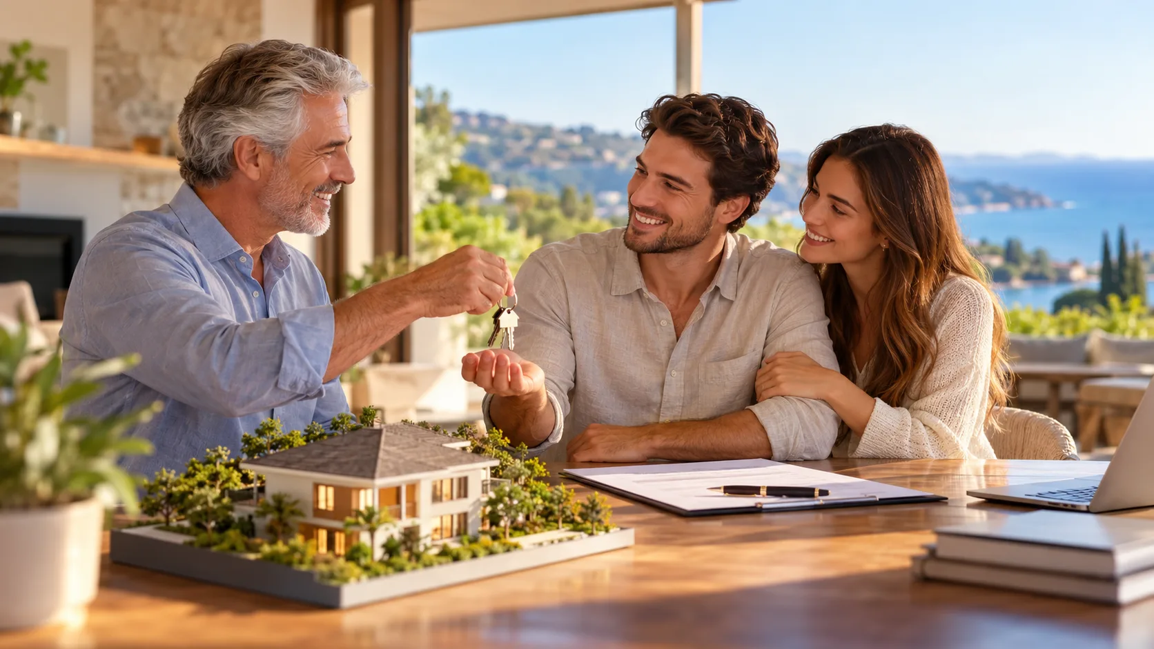 Parent handing house keys to an adult child for a second home purchase