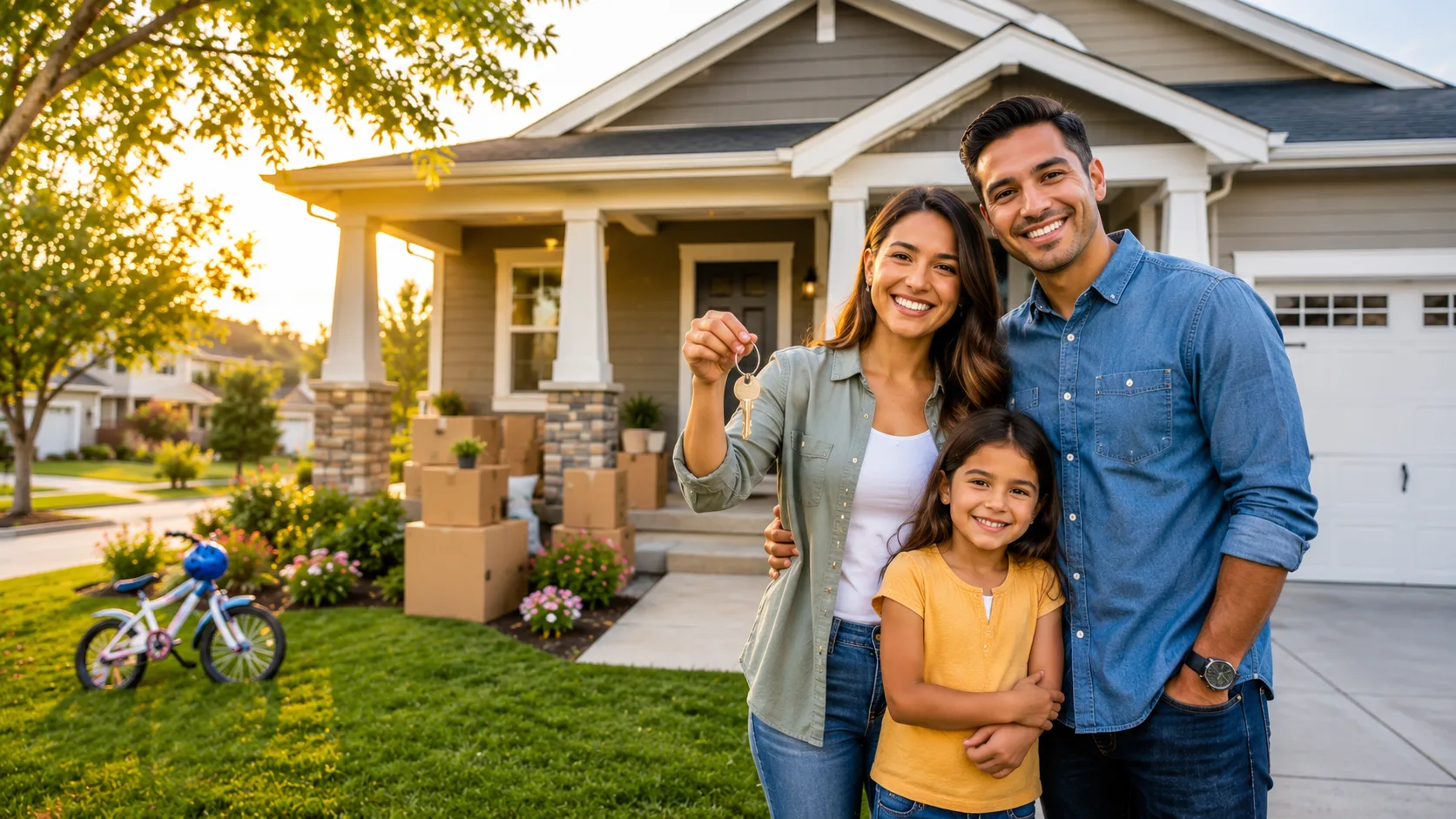 Young family celebrating outside their newly purchased home with FHA home loan financing