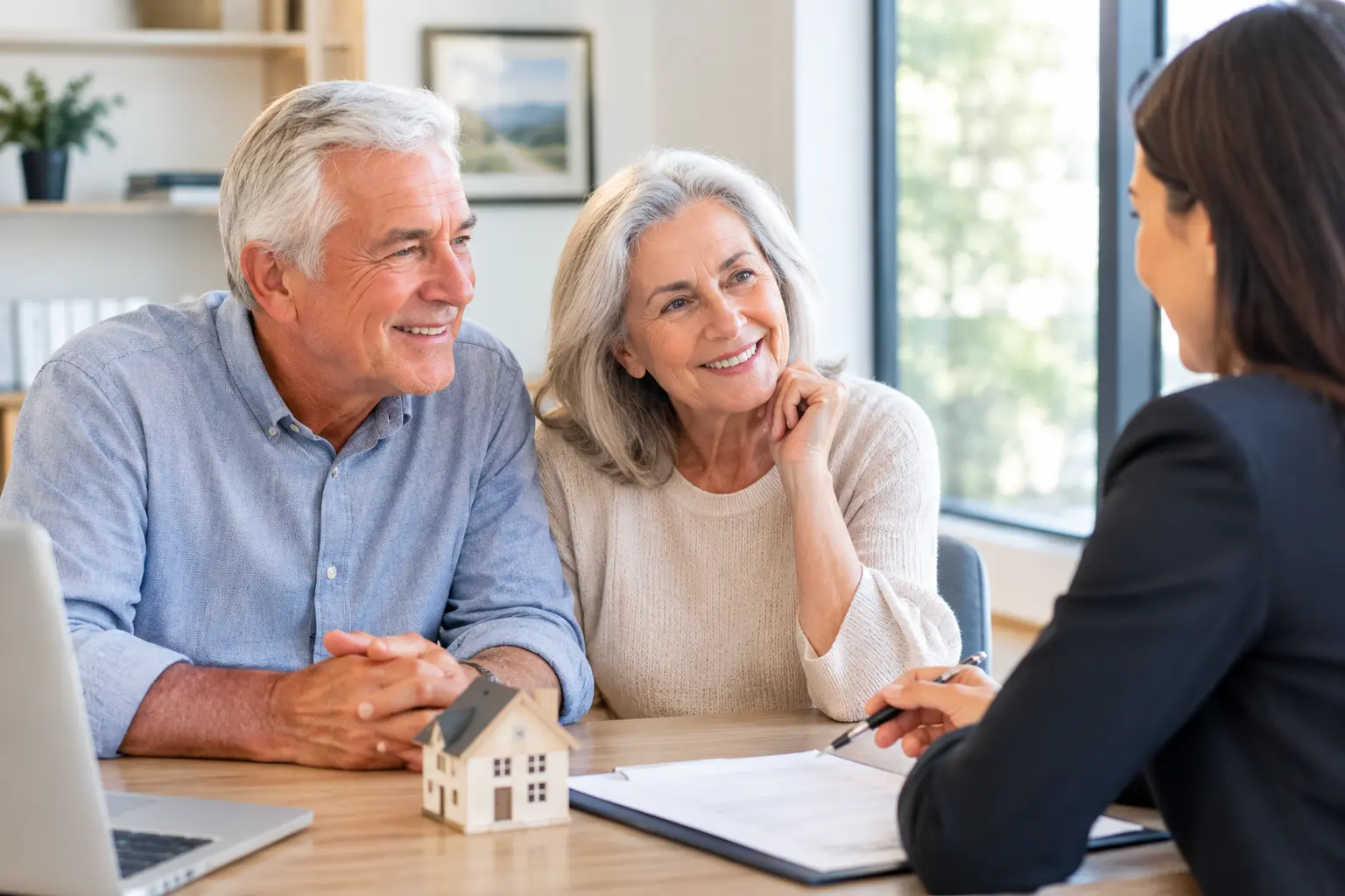 Older homeowners discussing an FHA reverse mortgage with a mortgage professional