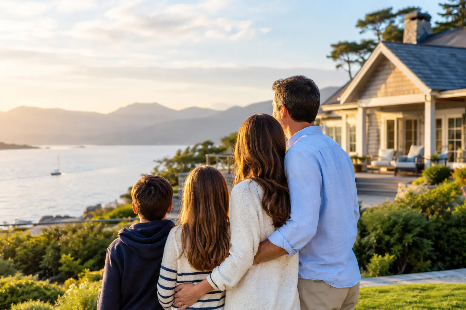 Family standing together outside a lakeside second home, representing passing property to children.