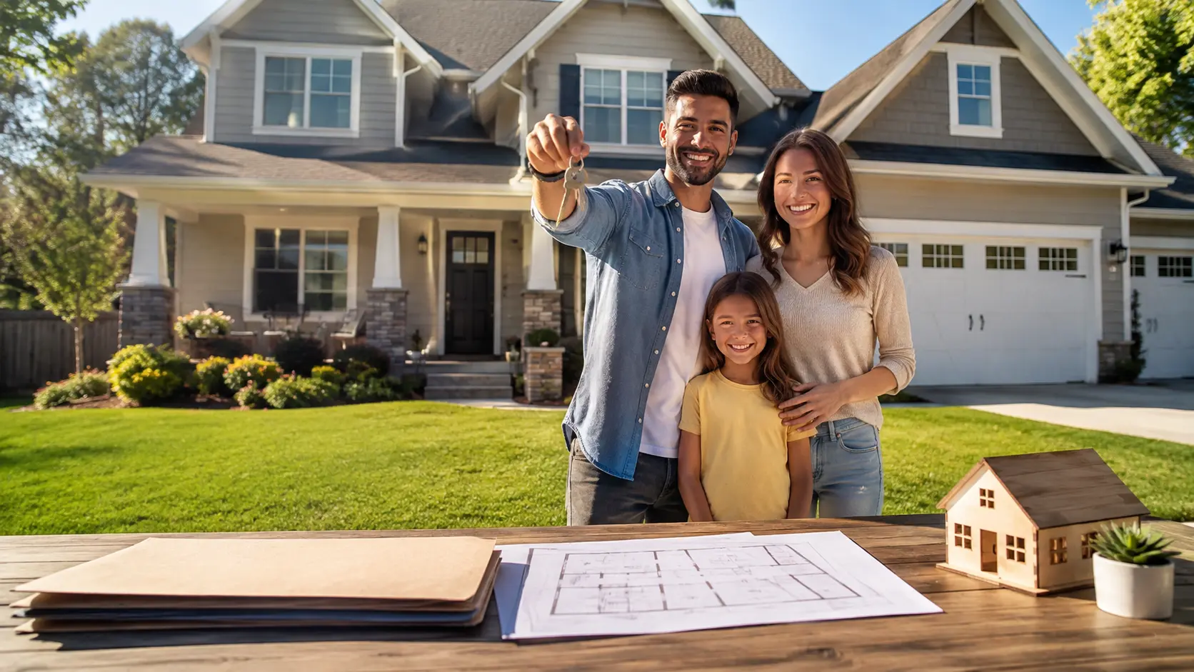 Family standing outside a newly purchased home representing government insured home loans and affordable homeownership.