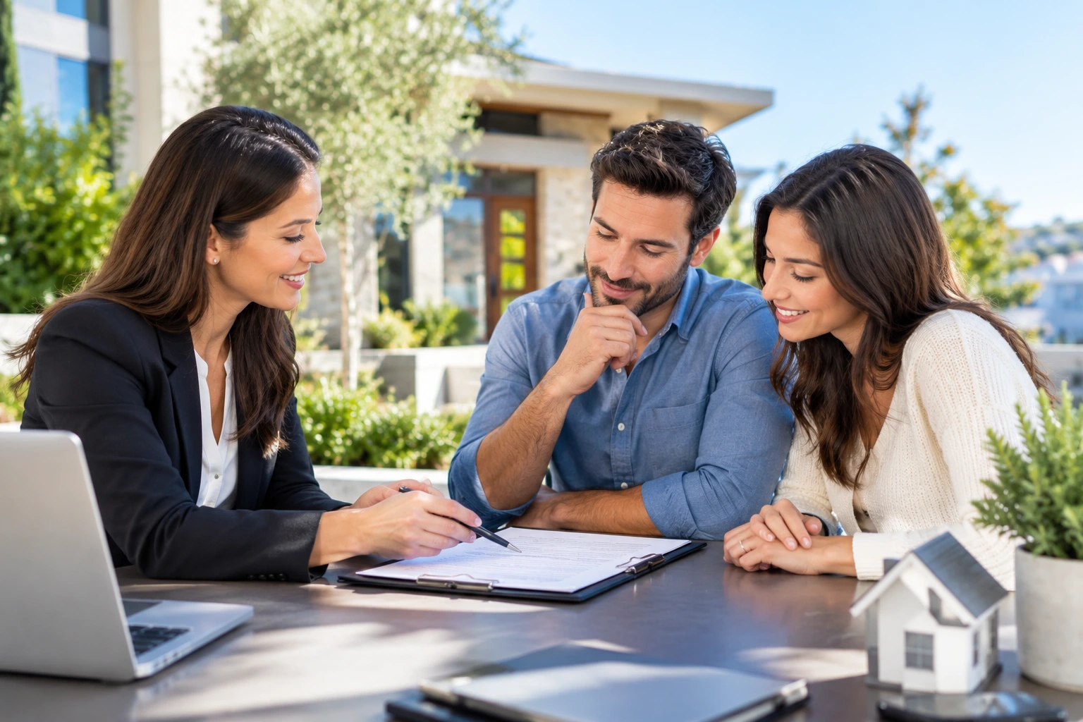 Real estate agent reviewing home purchase terms with buyers during a negotiation