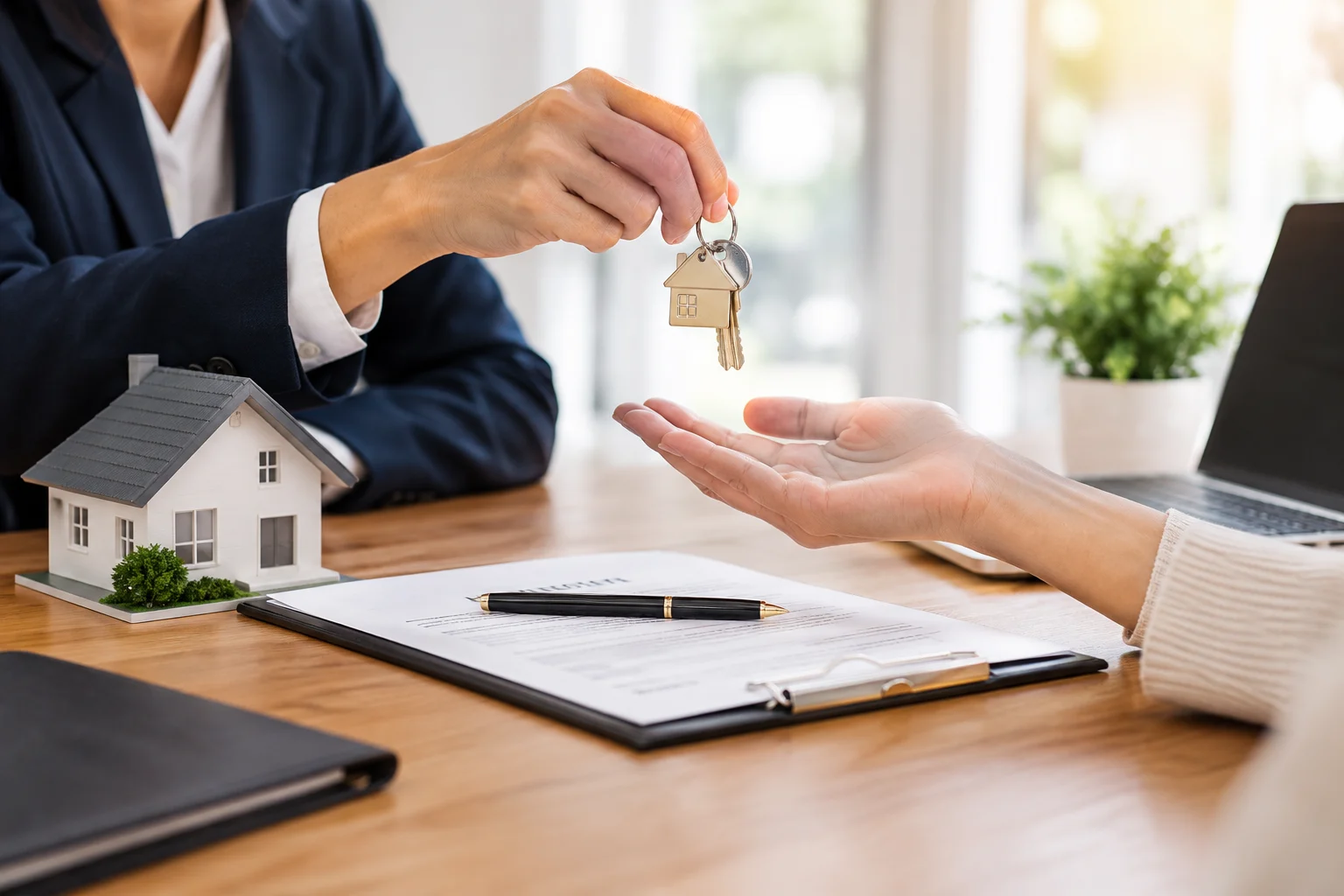 Home closing final details with property documents and house keys