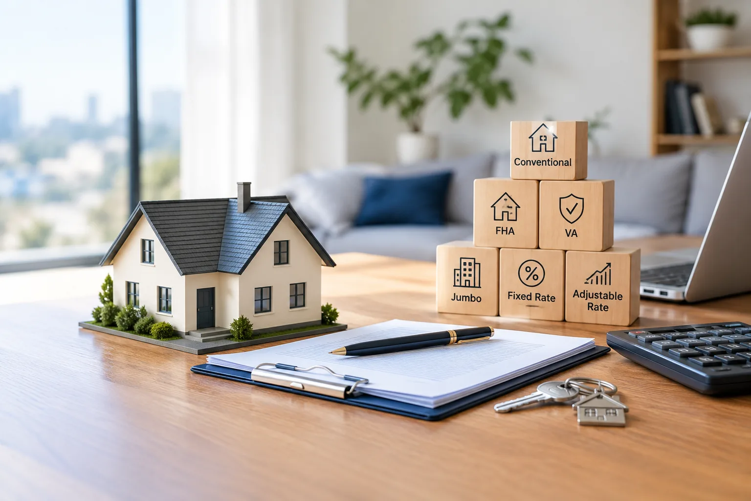 Home financing options and mortgage documents beside a model house, calculator, and house keys.
