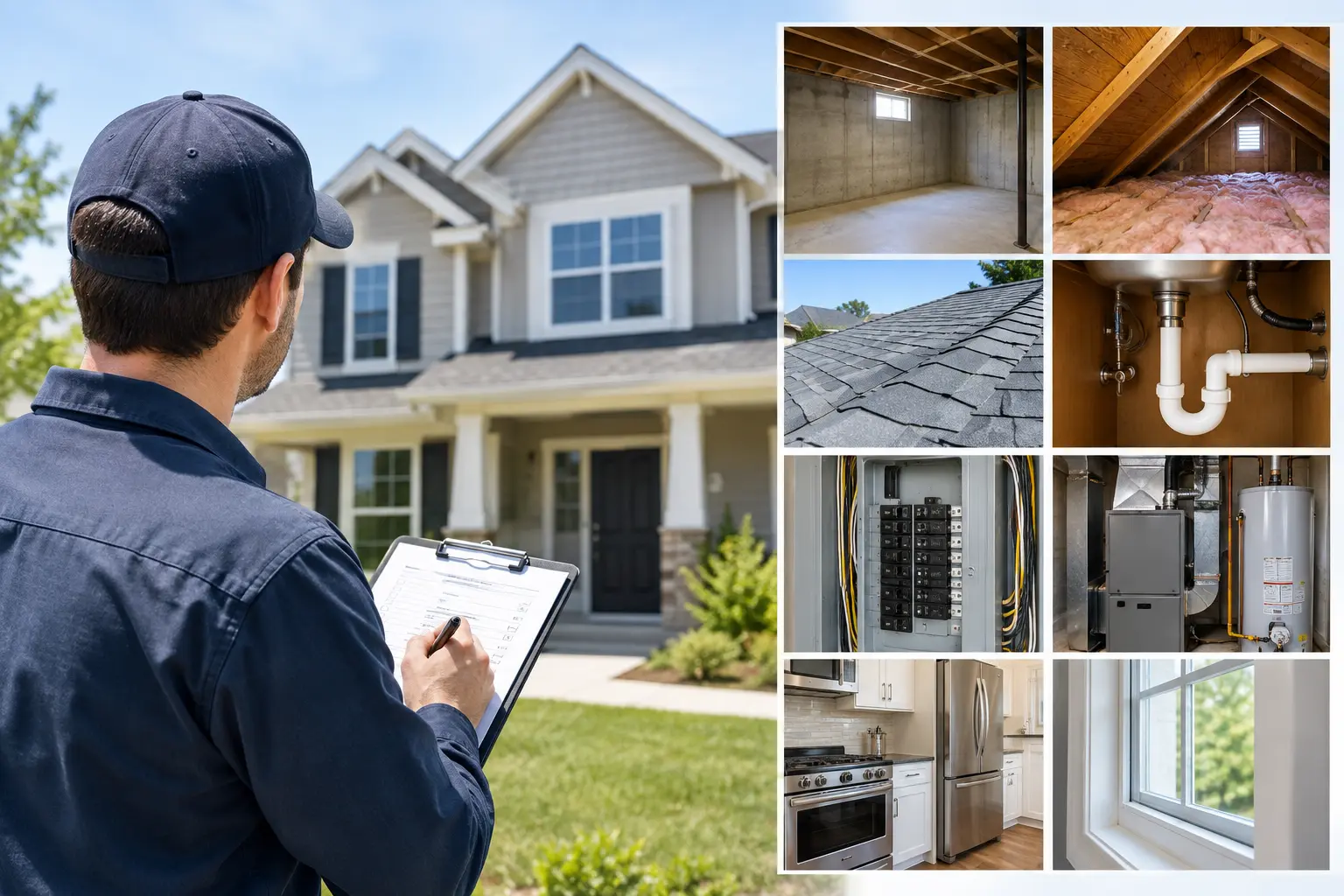 Professional home inspector evaluating a residential property with a clipboard, highlighting roof, electrical, plumbing, and HVAC systems.