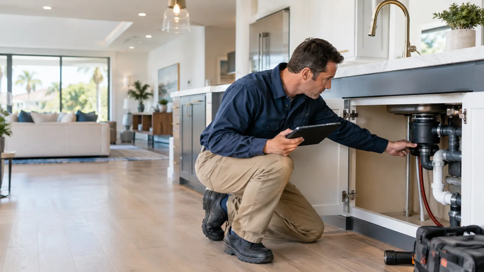 Professional home inspector examining plumbing in a Los Angeles home