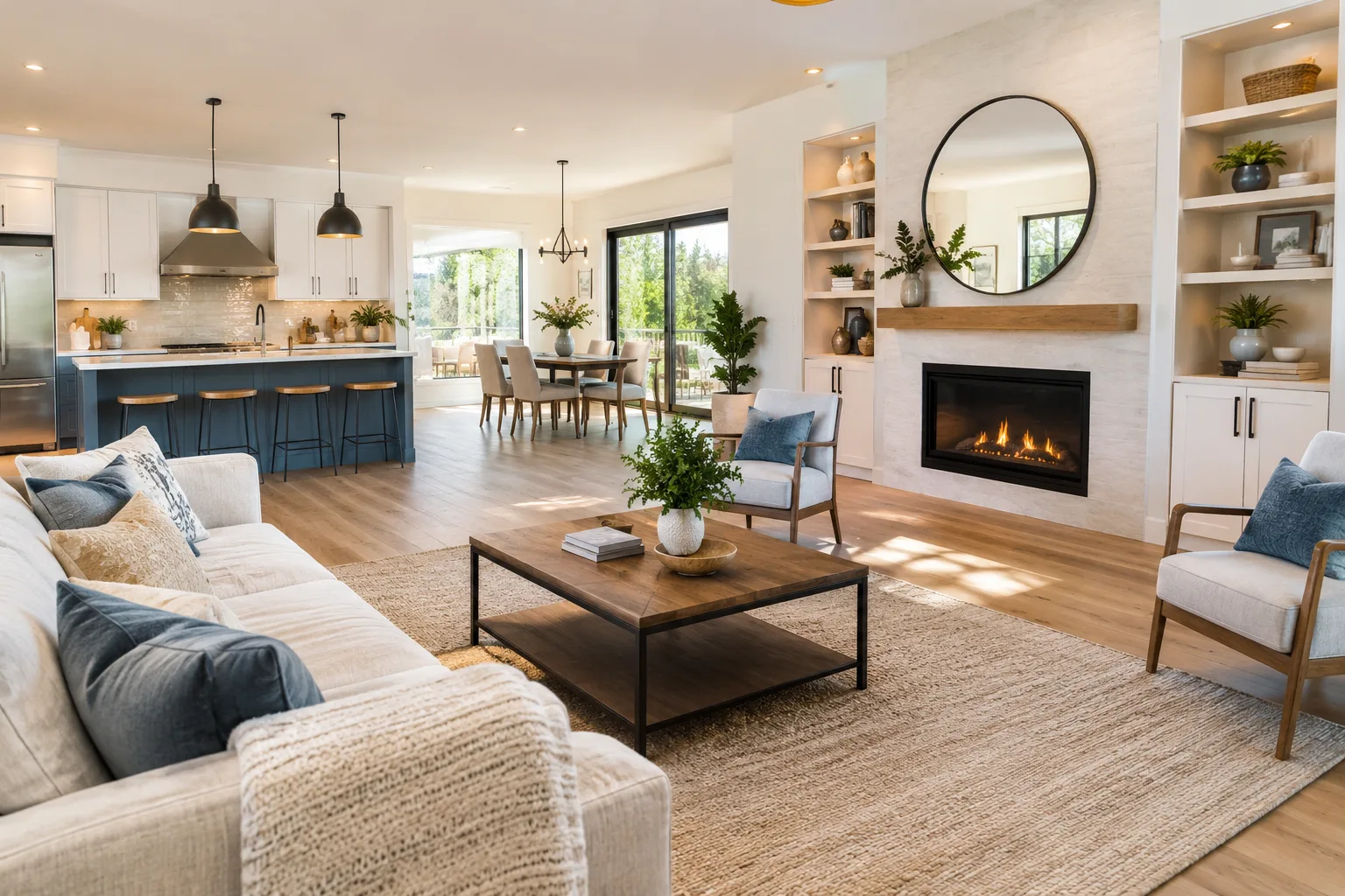 Modern home interior with open kitchen and living room layout