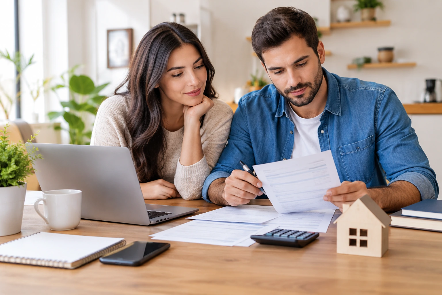 Couple reviewing financial documents while preparing for a home loan application.