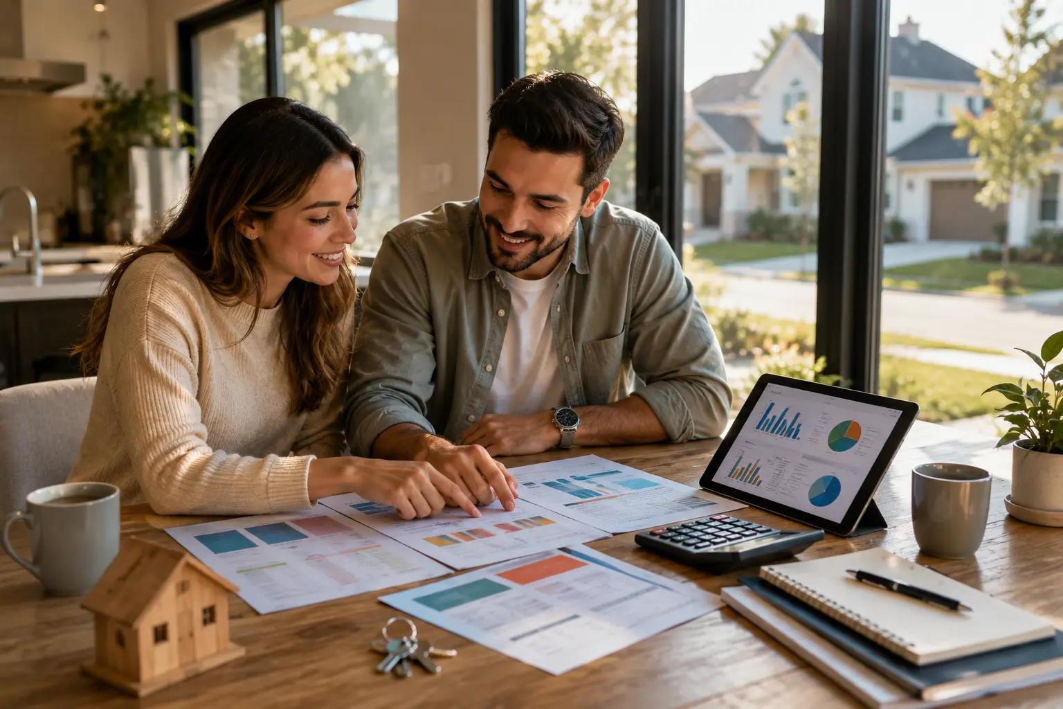 Couple comparing home loan options and mortgage financing plans for buying a home