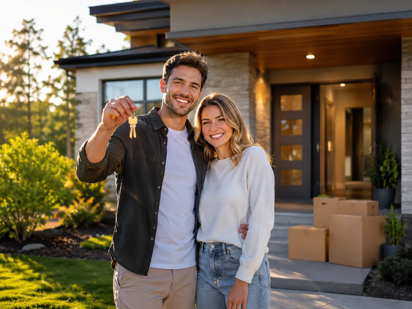 Happy couple holding house keys outside their newly purchased home after securing a home purchase loan