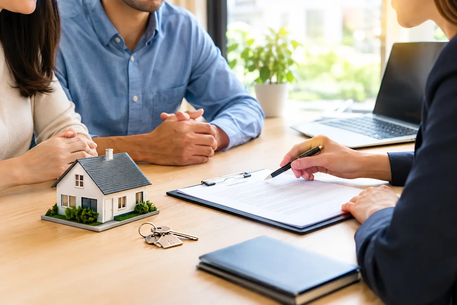 Real estate agent reviewing a home purchase offer with buyers during the home buying process.