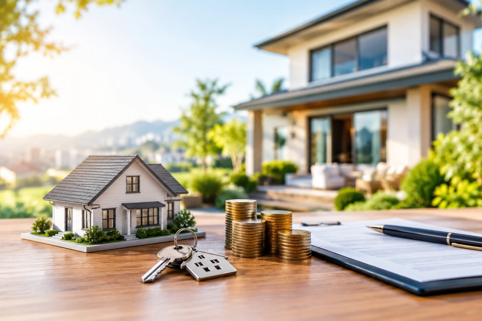 Investment property second home with a modern house model, keys, and financial documents