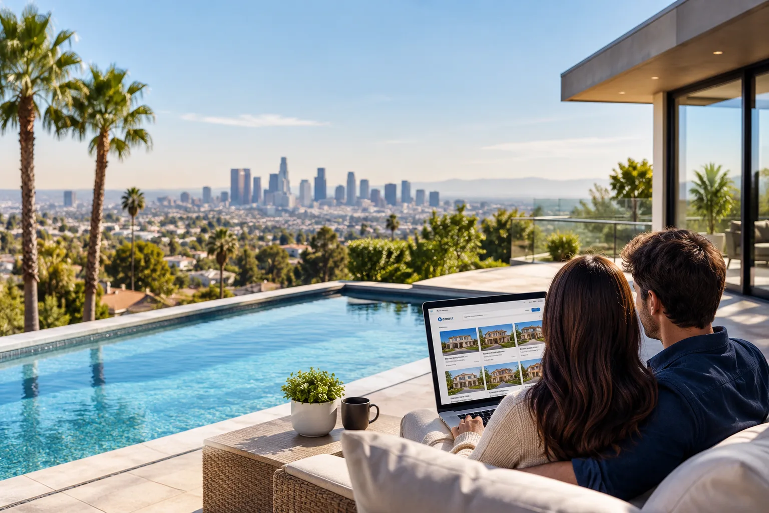 Couple browsing homes for sale in Los Angeles and California using an online property search.