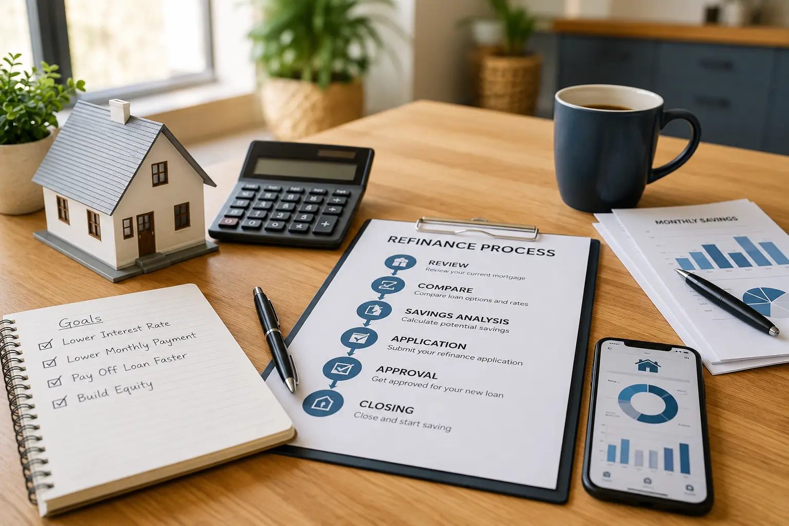 Homeowner reviewing mortgage refinance process to lower interest rate and monthly payments in a modern home