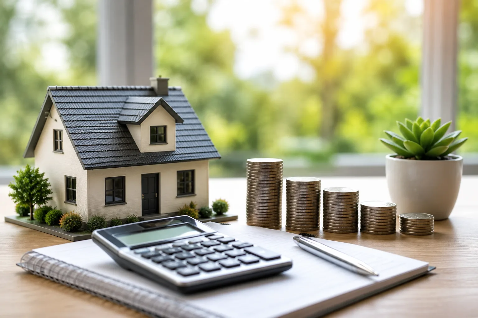 Lower mortgage payment refinance planning with home, calculator, and financial savings