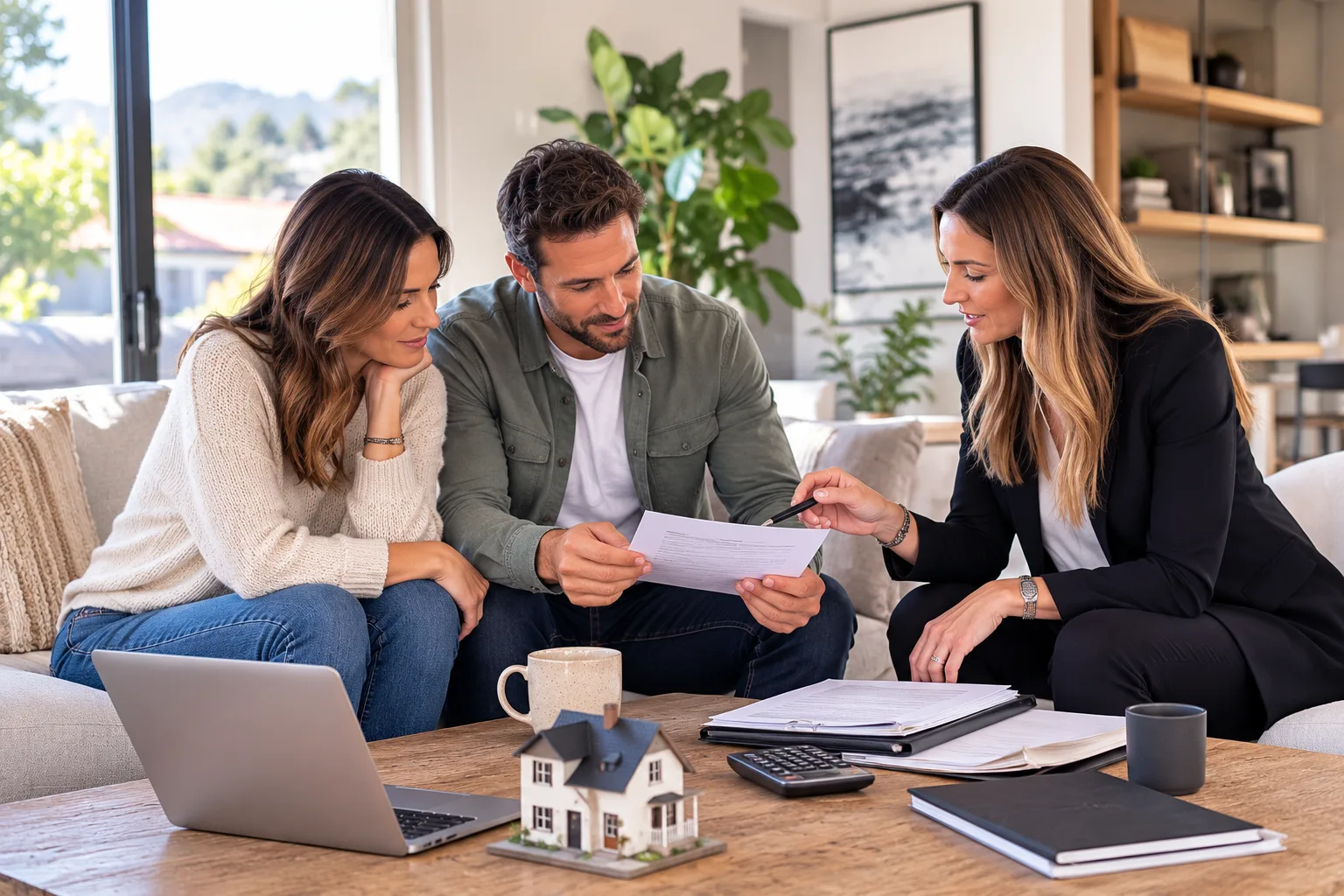 Homeowners reviewing approved mortgage refinance options with a professional loan advisor in their modern home.