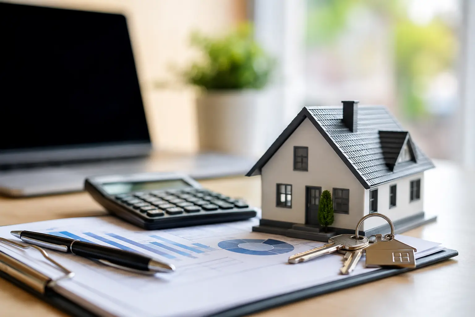 Mortgage refinance home loan documents, calculator, and house keys