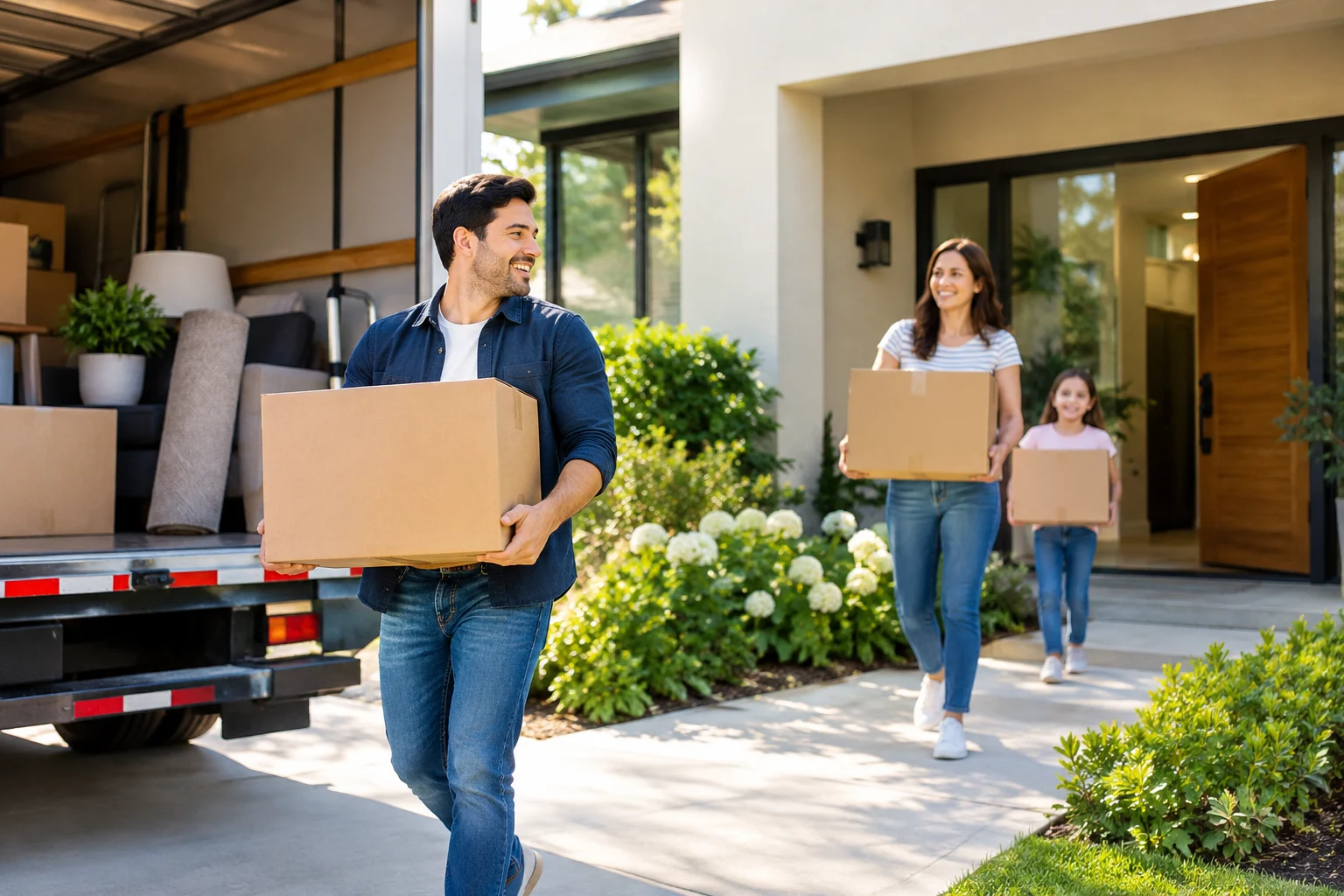 Family carrying moving boxes into a new home beside a moving truck