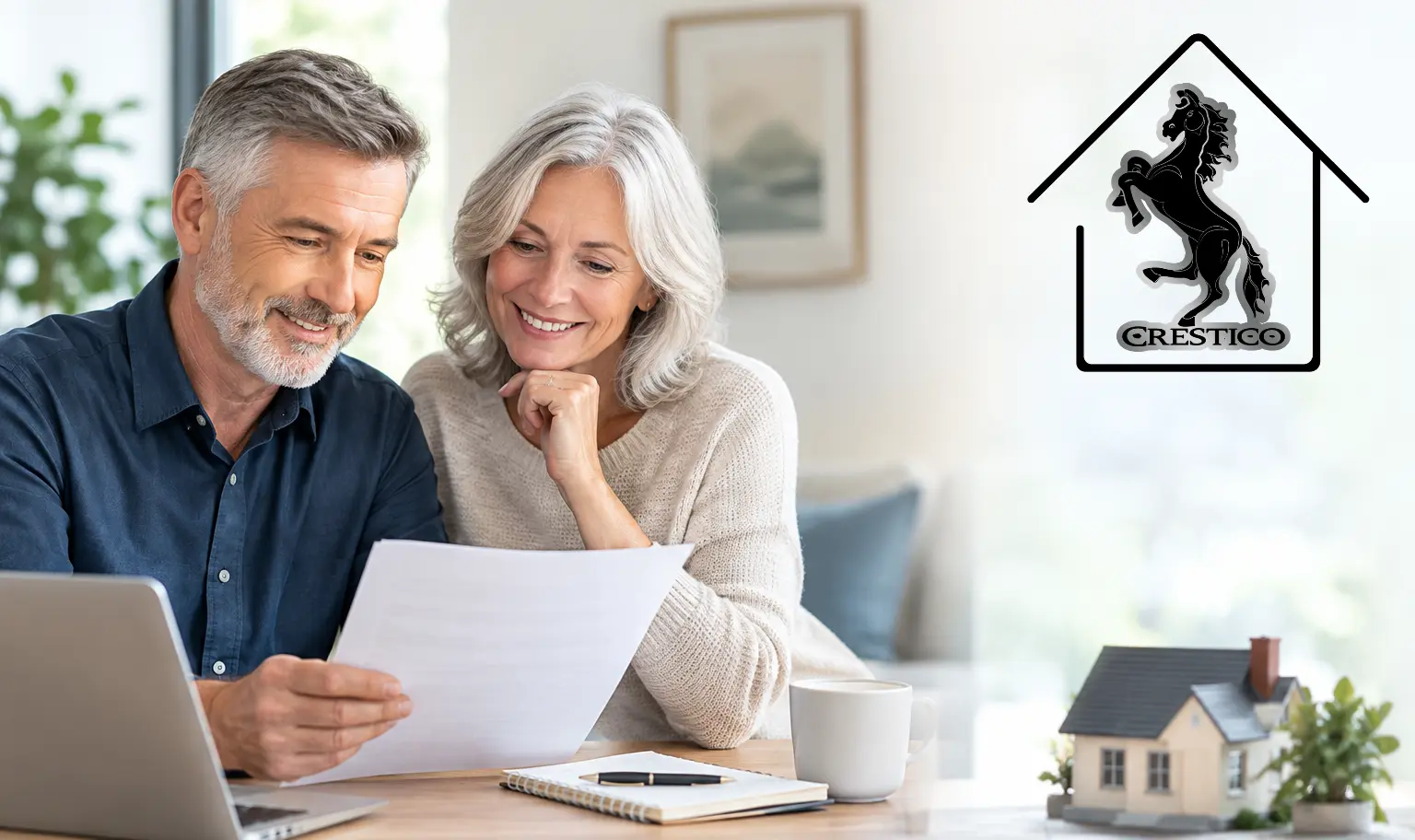 Older couple reviewing home equity financing options for a proprietary reverse mortgage