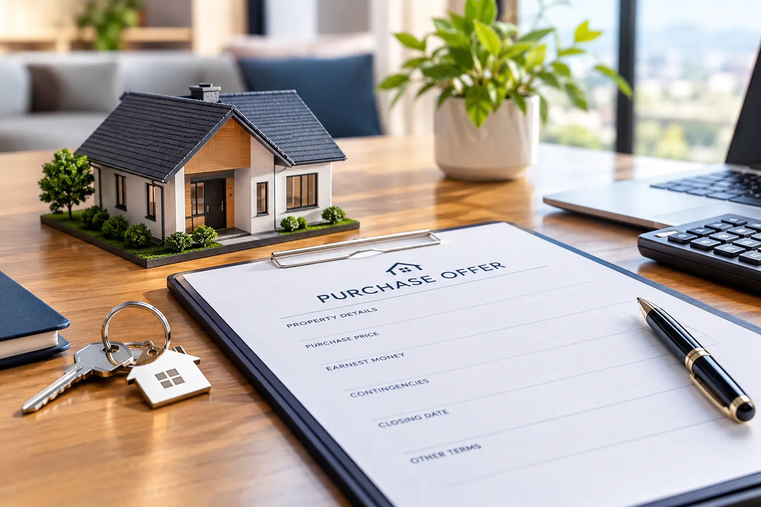 Real estate purchase offer document with a model home and keys