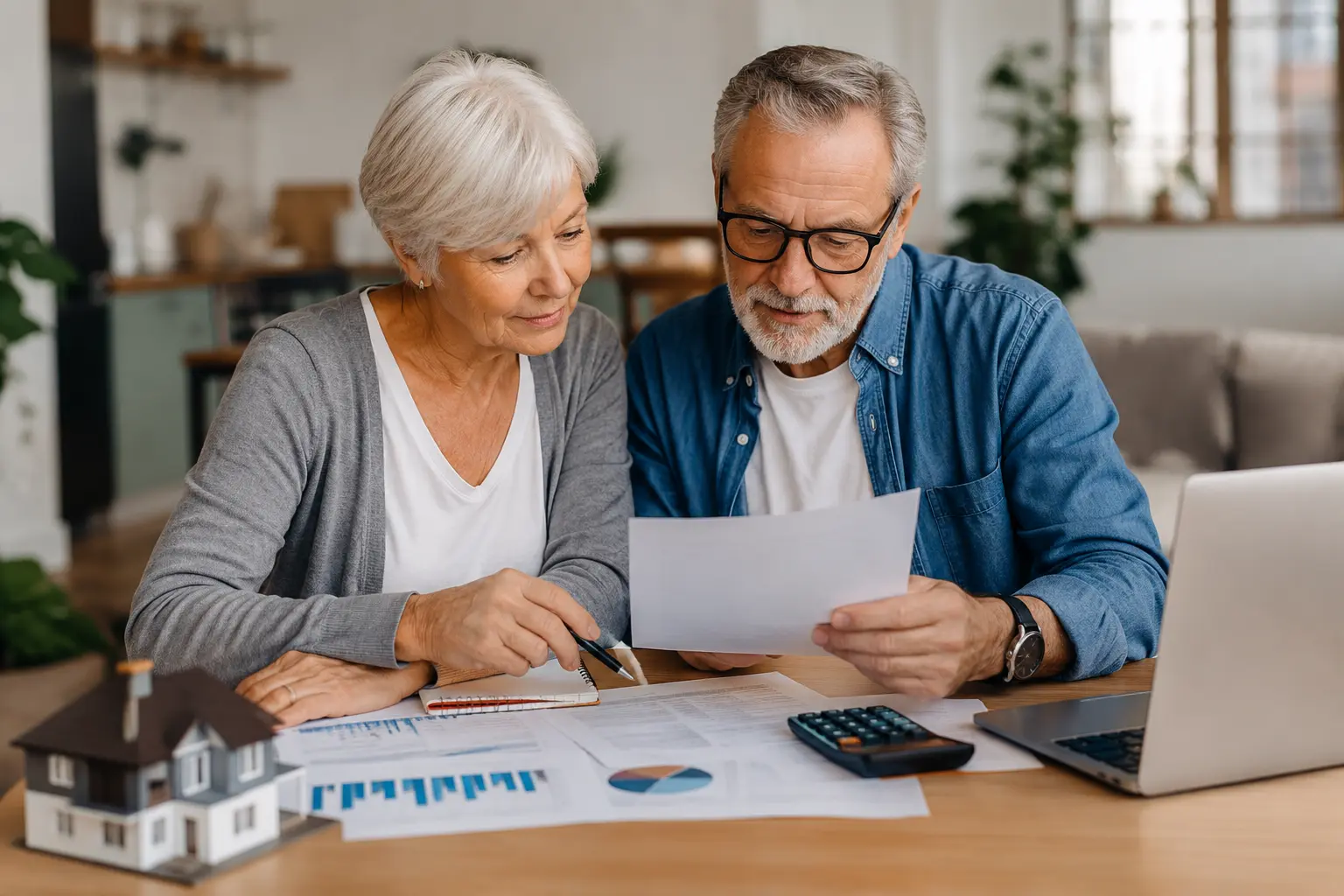 Older couple reviewing reverse mortgage eligibility documents and home financing options