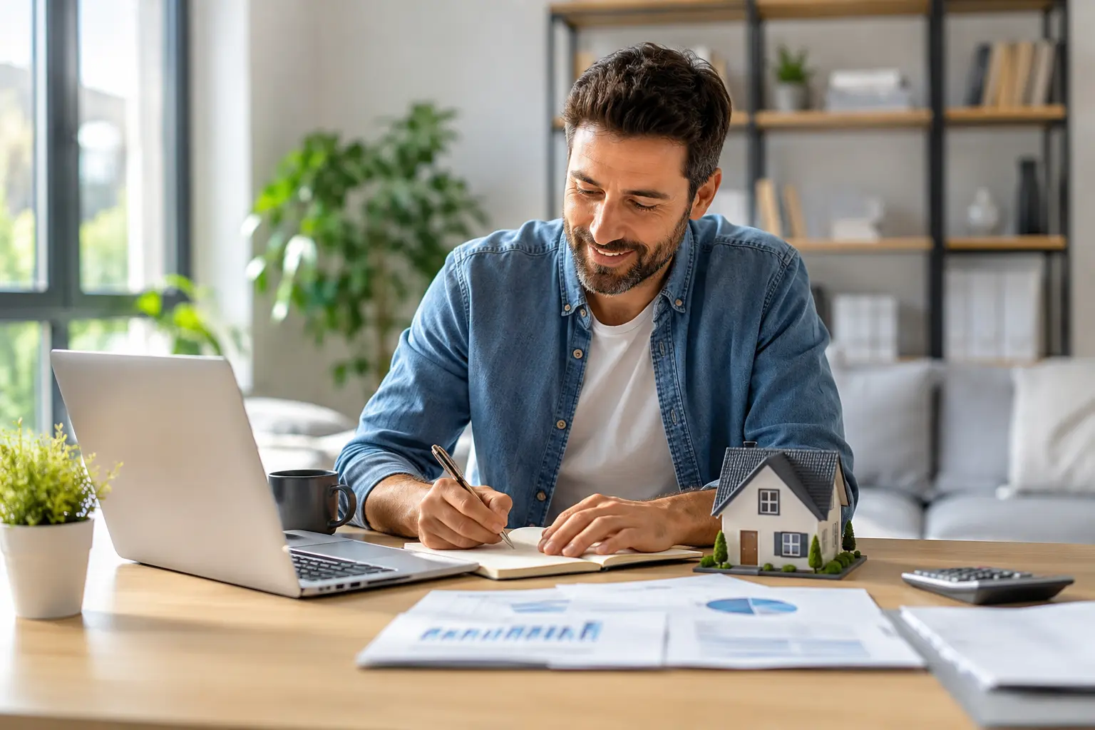 Self employed borrower reviewing financial documents for a home loan