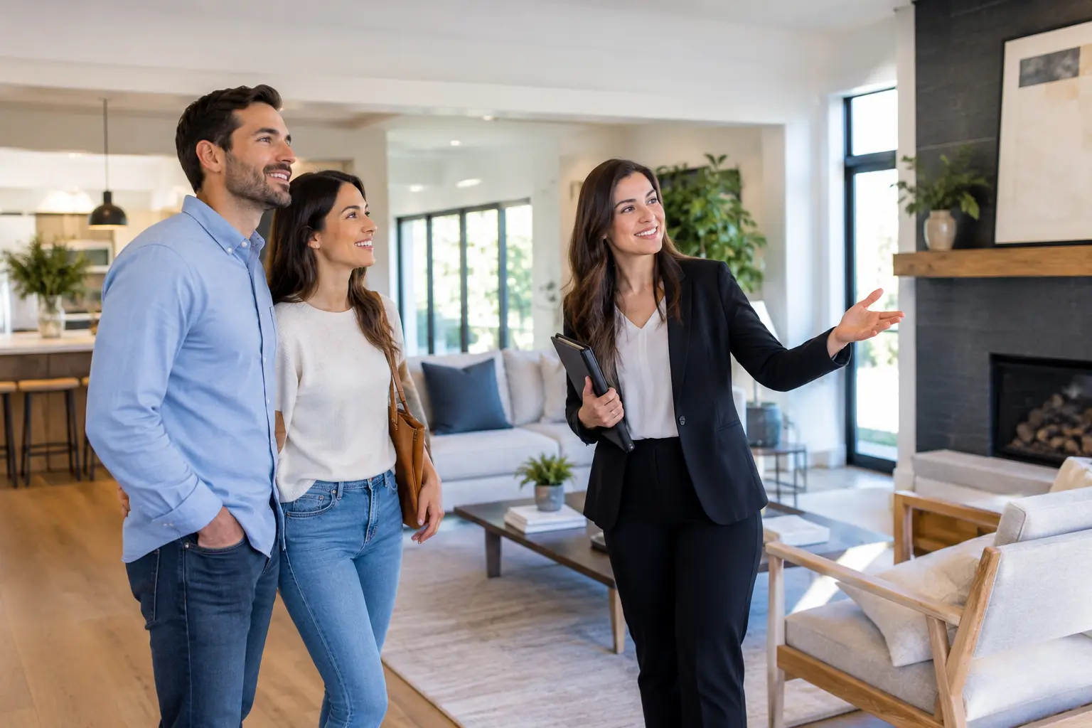 Real estate agent showing a modern home to a couple during a home buying tour