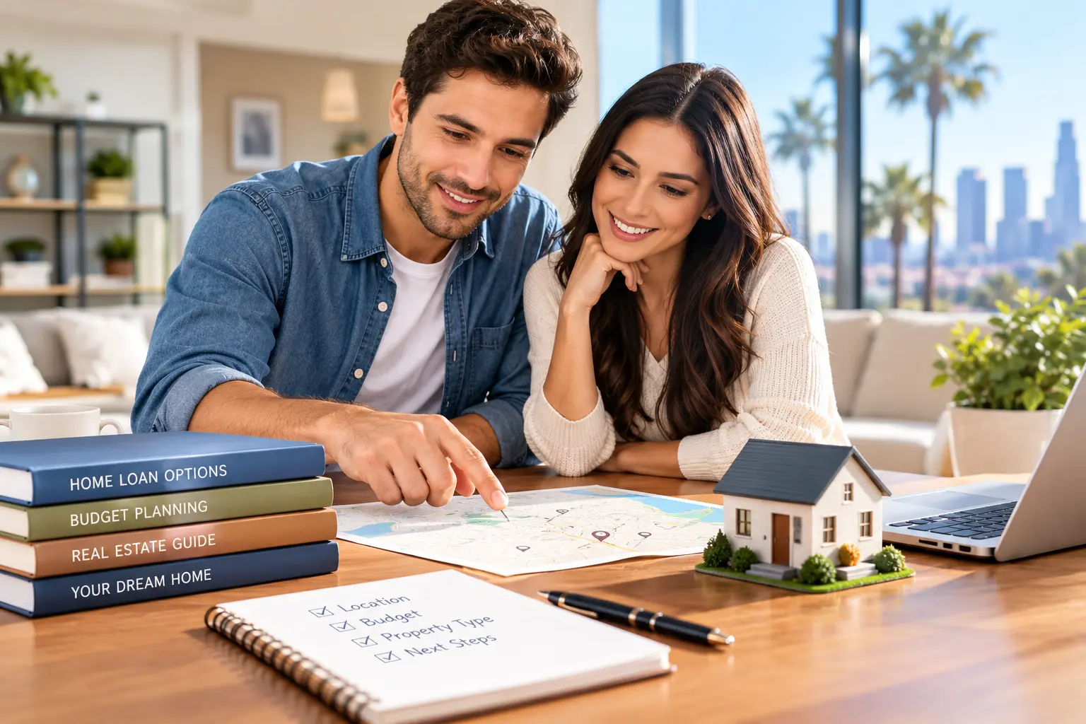 Couple reviewing a home buying checklist and neighborhood map while planning their home purchase