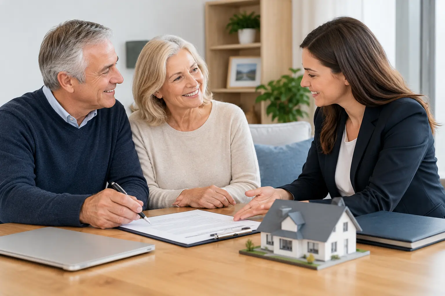 Older parents discussing a second home property transfer with a real estate professional