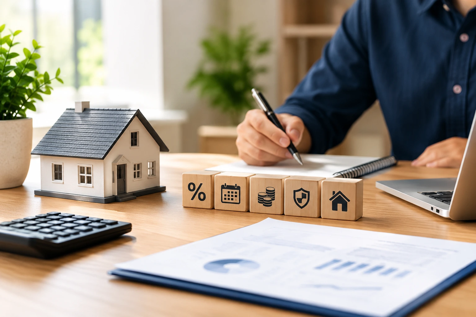 Comparing home loan options with a house model, calculator, and financial planning documents