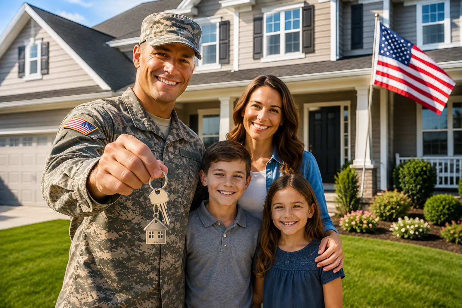 Veteran and family receiving keys to their new home with VA loan