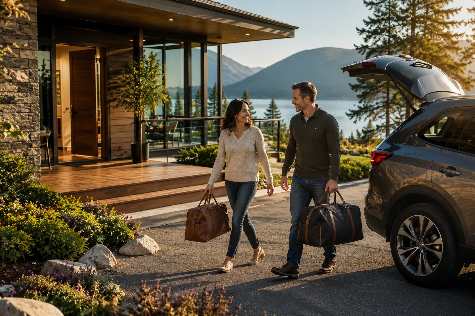Couple arriving at their luxury vacation home after financing a second home for a weekend getaway
