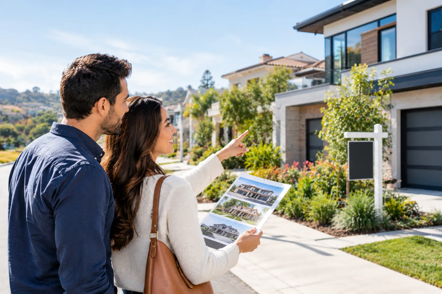 Couple comparing homes while viewing a modern property in Los Angeles