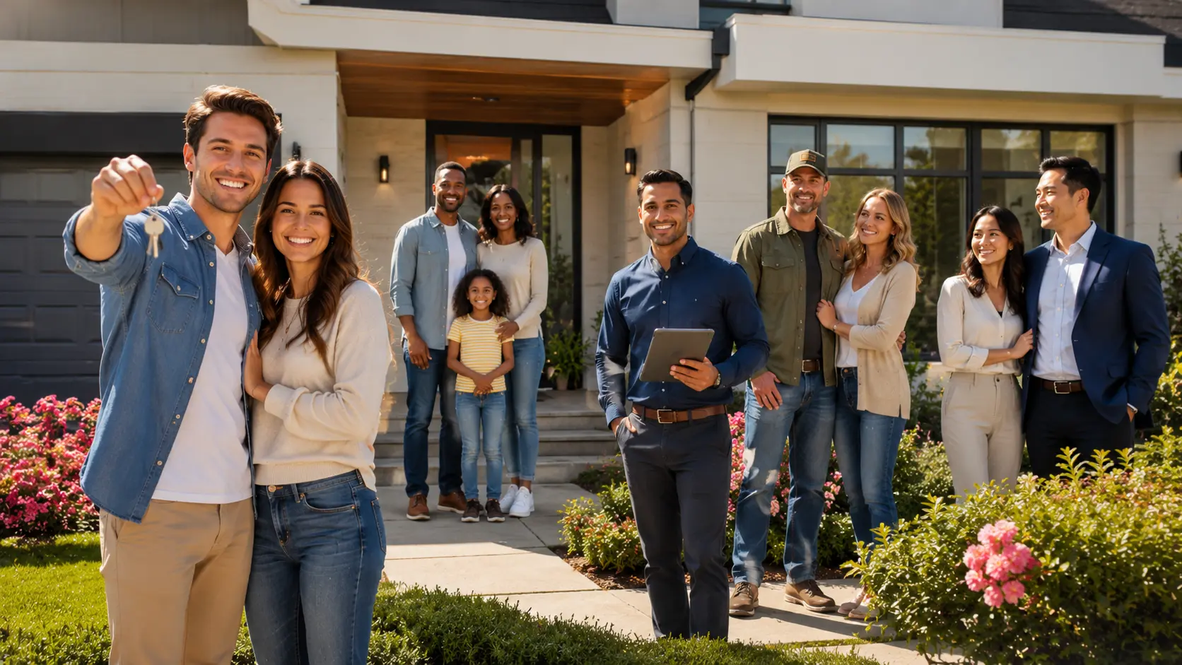 Diverse homebuyers including first time buyers, families, self employed professionals, veterans, and working professionals celebrating outside a newly purchased primary residence.